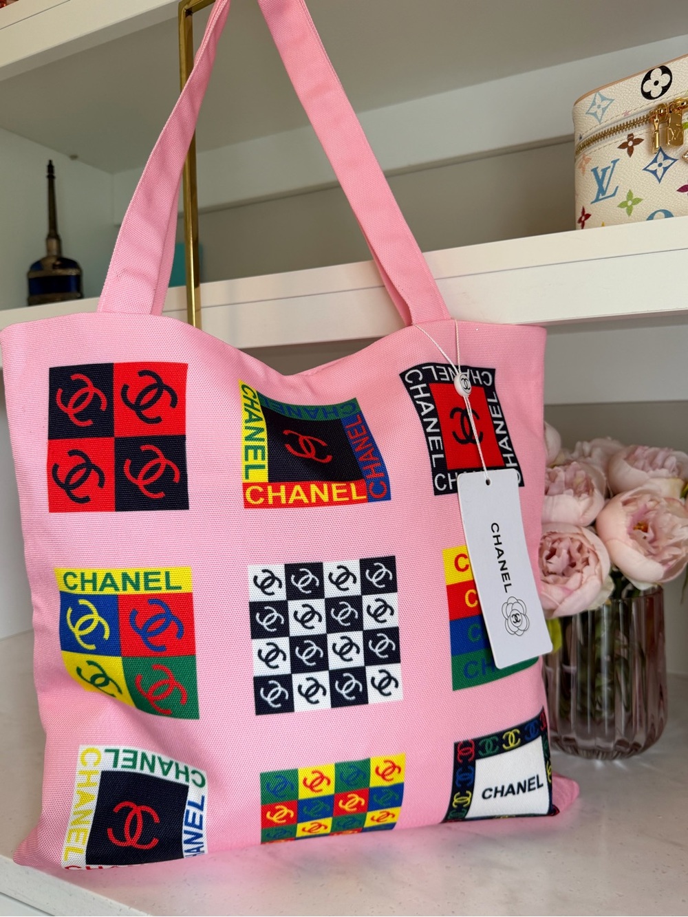 CHANEL GWP Pink Canvas Tote with Multicolor Logo Panels - Picture 3 of 7